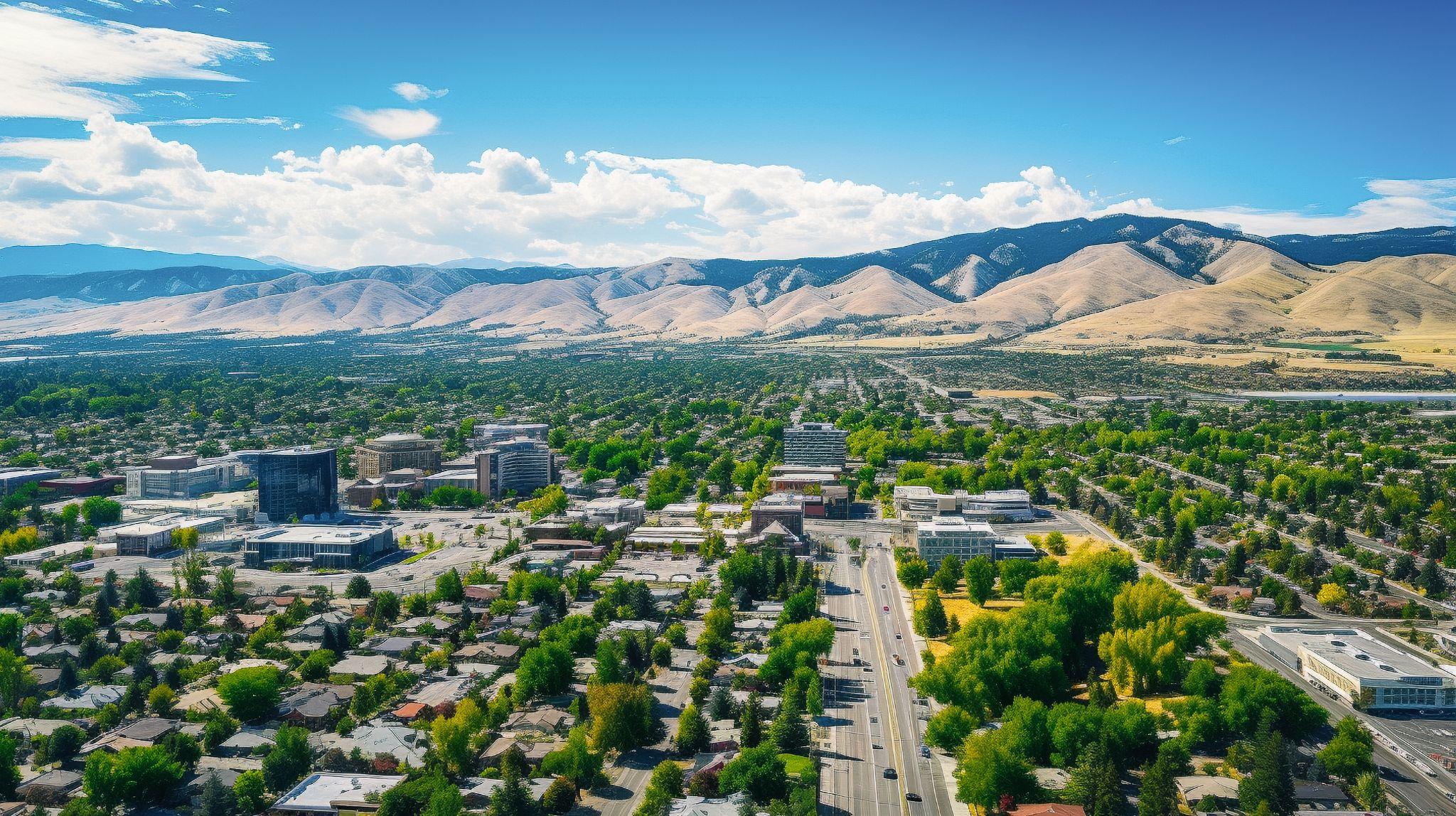 Boise Idaho drone photo of downtown Boise and neighboring mountains