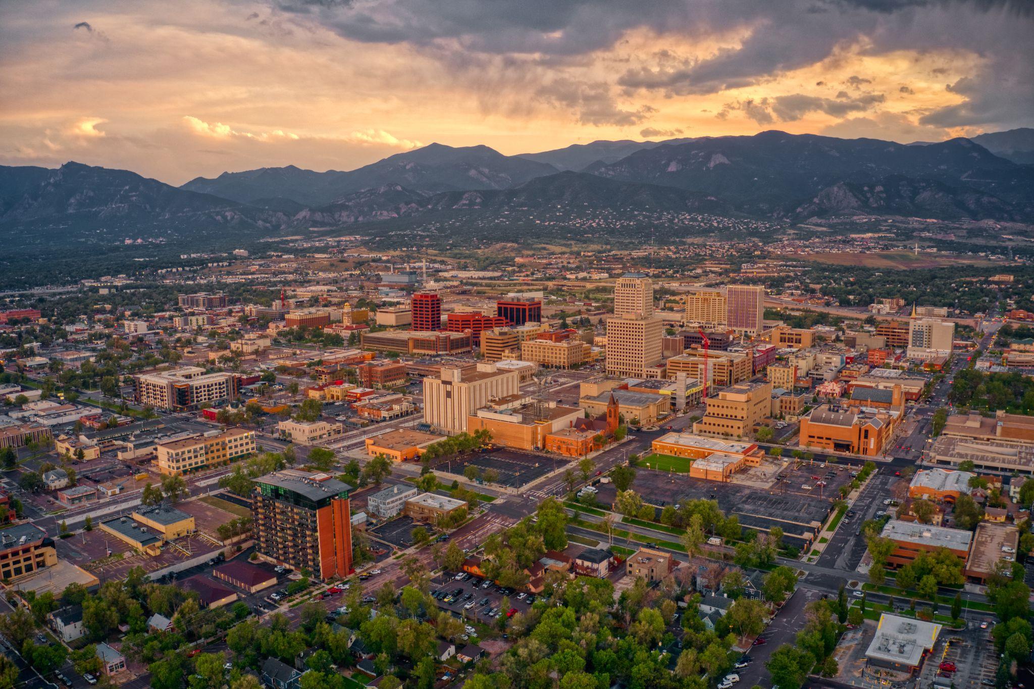 Aerial view of colorado springs at dusk