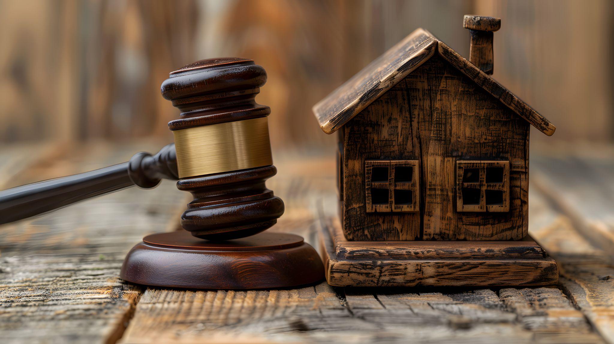 Judge gavel is sitting on sound block near miniature house on wooden table