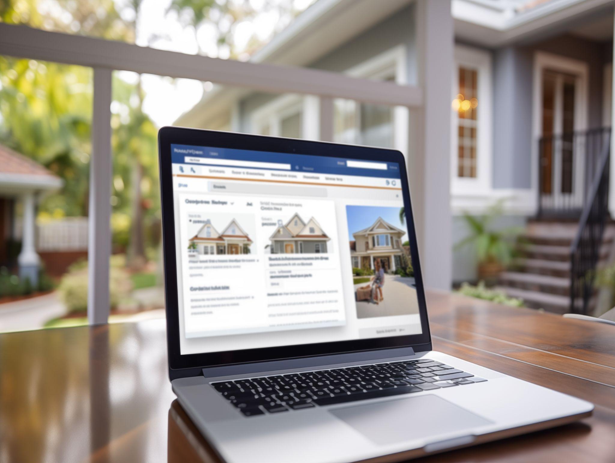 Open laptop with houses on the screen stands on a table. Concept of buying and selling real estate.