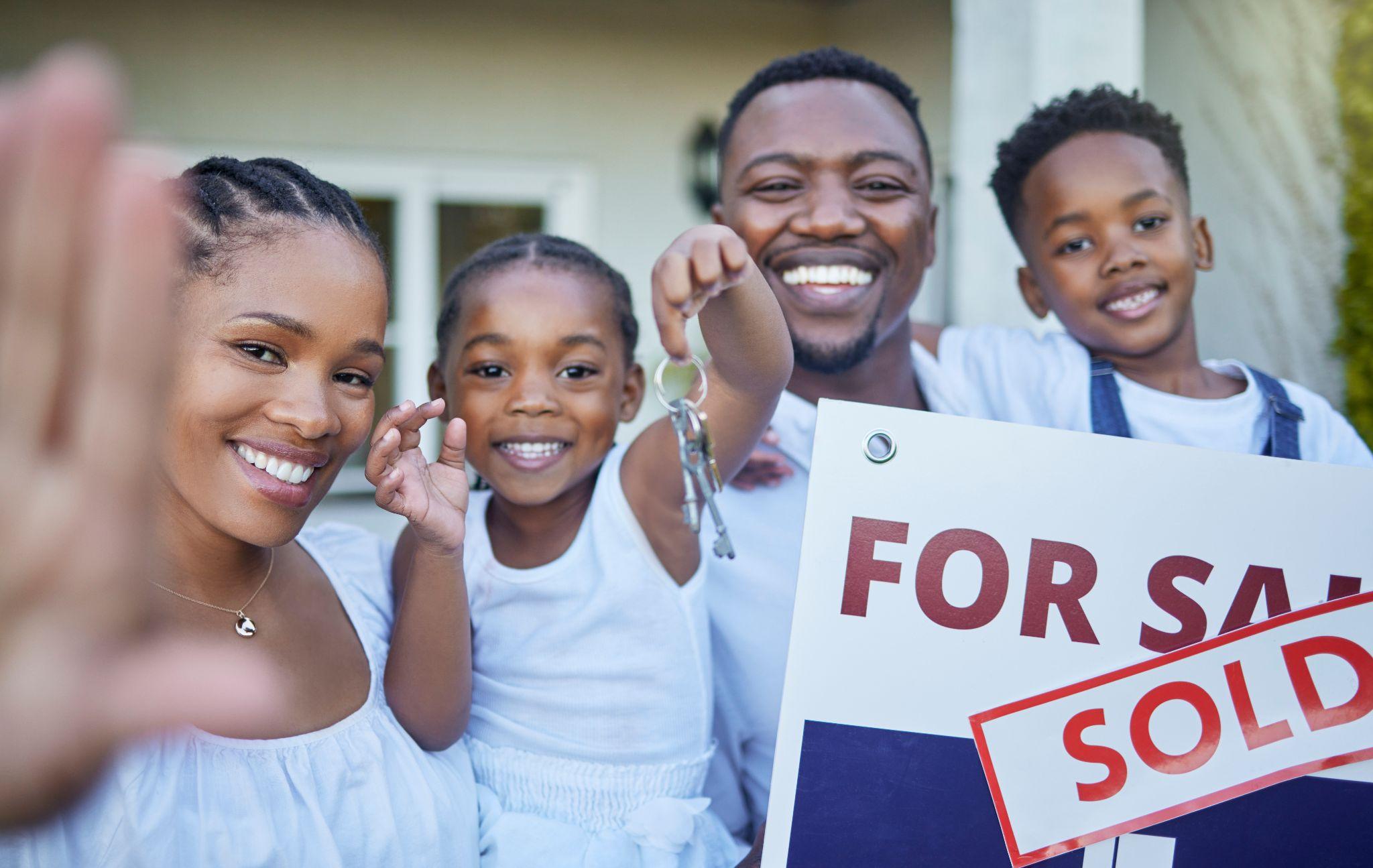 Selfie, parents and kids with house sale or sold poster with smile for property ownership.